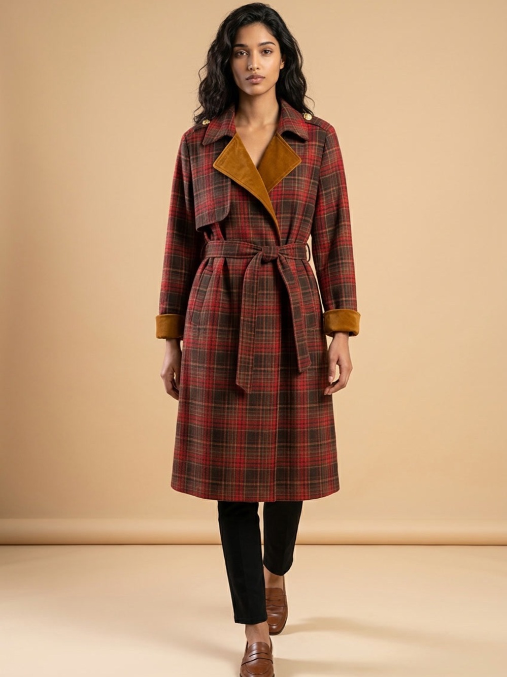Wool-Blend Red Plaid Trench Coat with Contrast Camel Collar